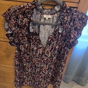 Voy, Women's M Floral Ruffle Sleeve Top - Multicolor, BLUES, ORANGES, TANS